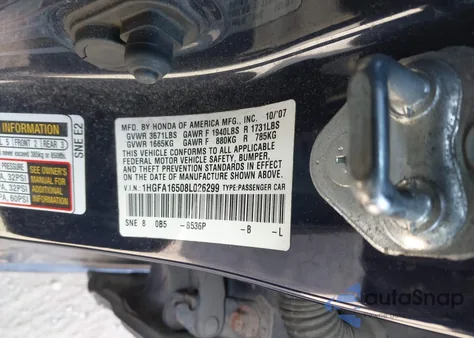 2008 Honda Civic Lx from USA, damaged, VIN 1HGFA16508L026299